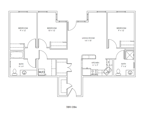 Floor plan for 3 beds, 2 baths, 1050 sqft